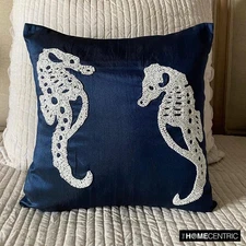 Decorative Pillow Cover Blue 16"x16", Bed Decor Silk - Navy Blue Sea Horse