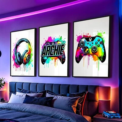 Personalised Gaming Prints Boys Bedroom Xbox Wall Art Gamer Gift Posters Set - Image 1 of 4
