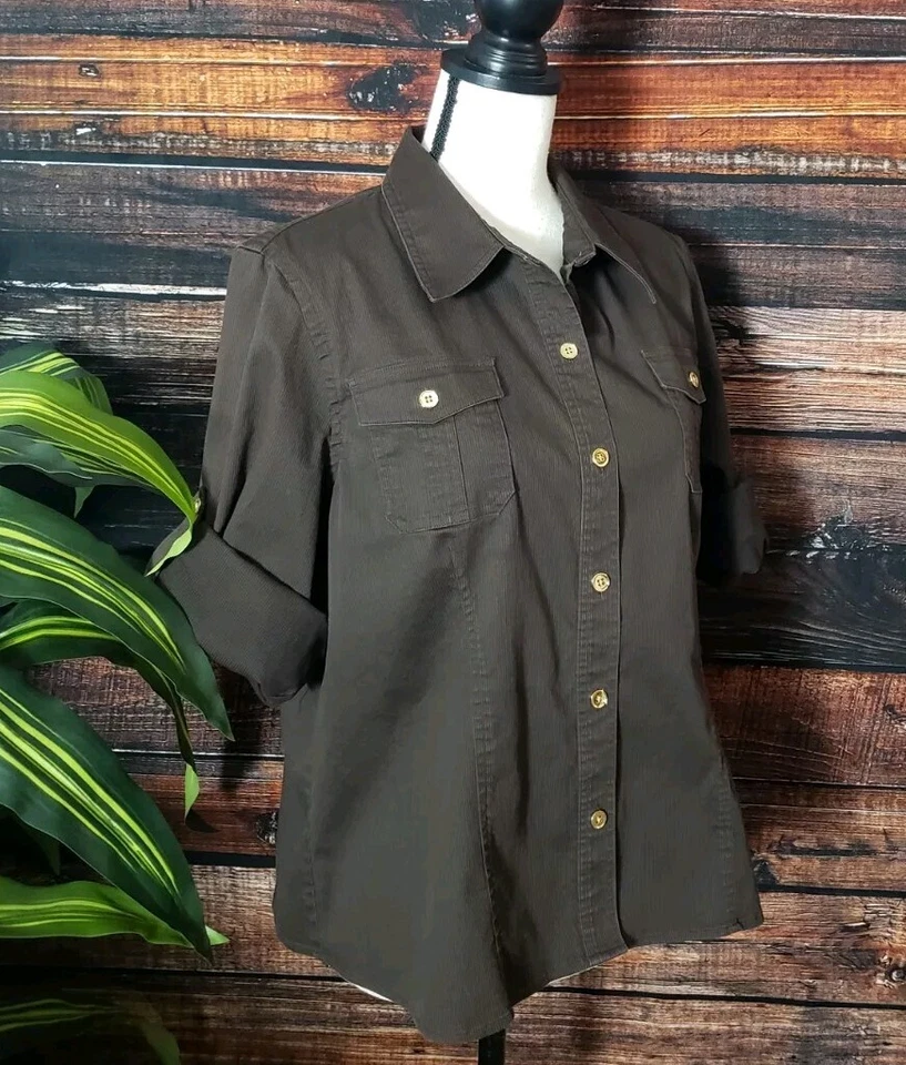 Jones New York Signature Blouse Size XL Ribbed Cotton Stretch Button Up Brown - Image 4 of 4