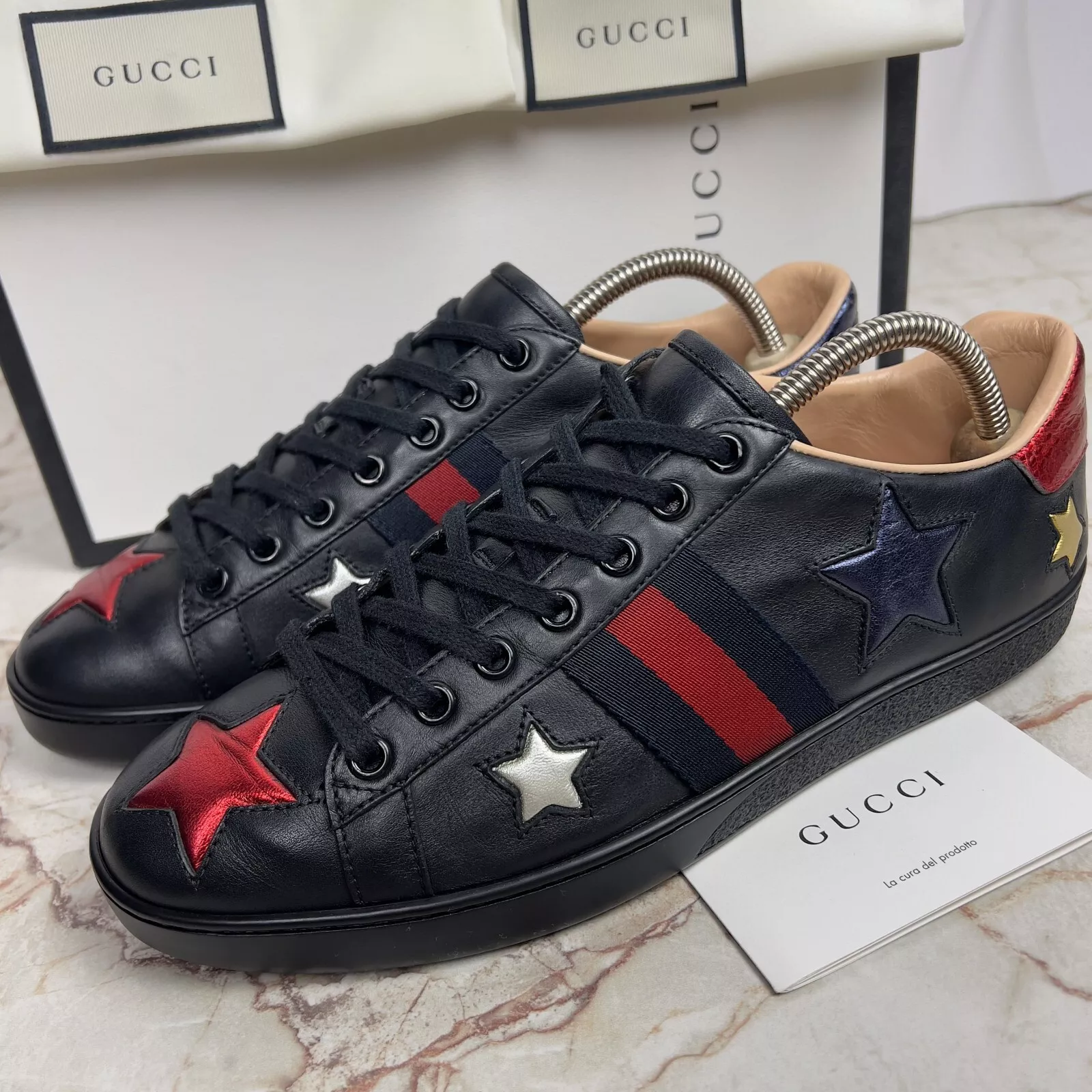 Baskets basses Gucci Ace Metallic Stars Web cuir noir 38,os ou 8 US