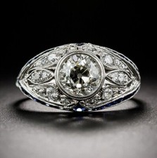 Art Deco Old European Lab-Created Sapphire Diamond Edwardian 925 Silver Ring