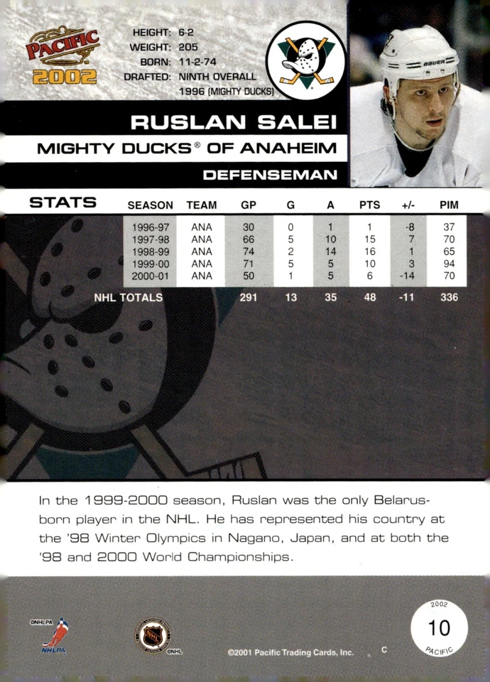 Ruslan Salei - 2001-02 Pacific Card #10 - Anaheim Mighty Ducks "Deceased" - Image 2 of 2