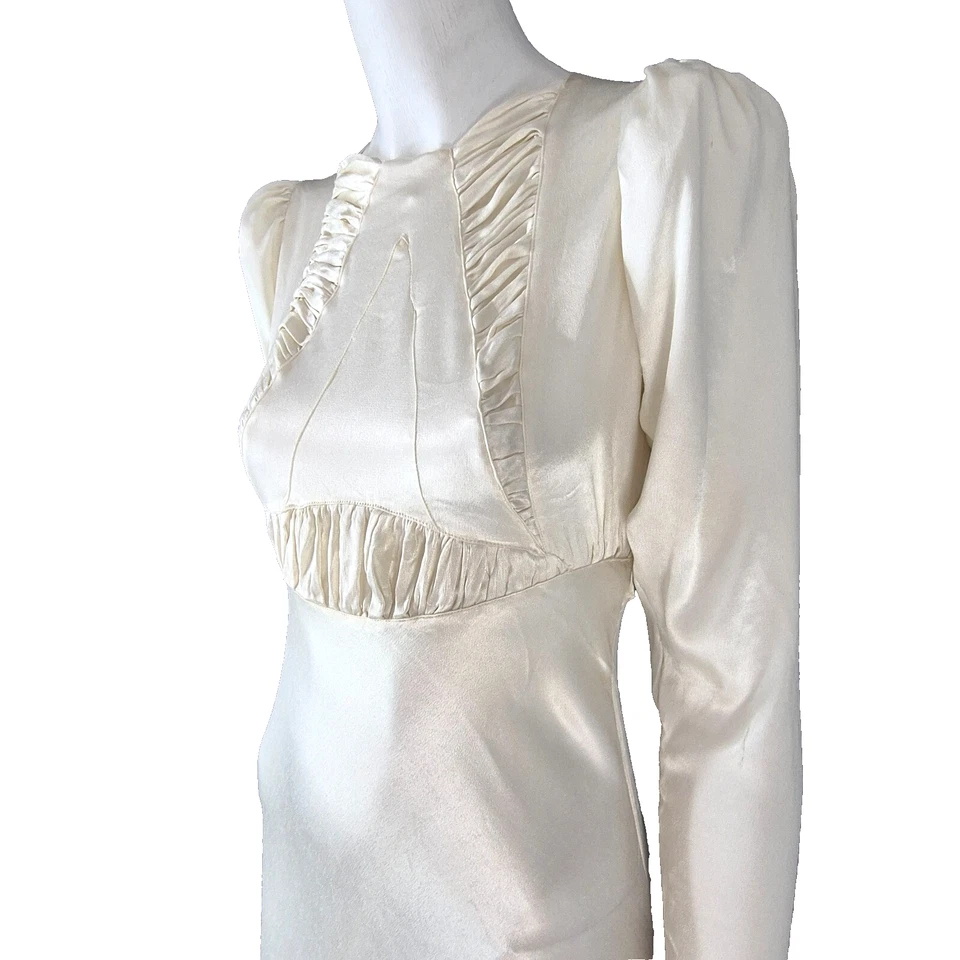 Vintage 1930's Wedding Dress Ivory Satin Slinky Bias Cut Long Sleeve Train - Image 2 of 4