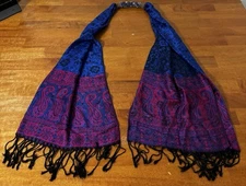 Pashmina 100% Pashmina Scarf Multicolor Blue Pink Ornate Fringe Rocks Stones