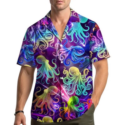 Neon Octopus Hawaiian Shirt Men Tropical Beach Ocean