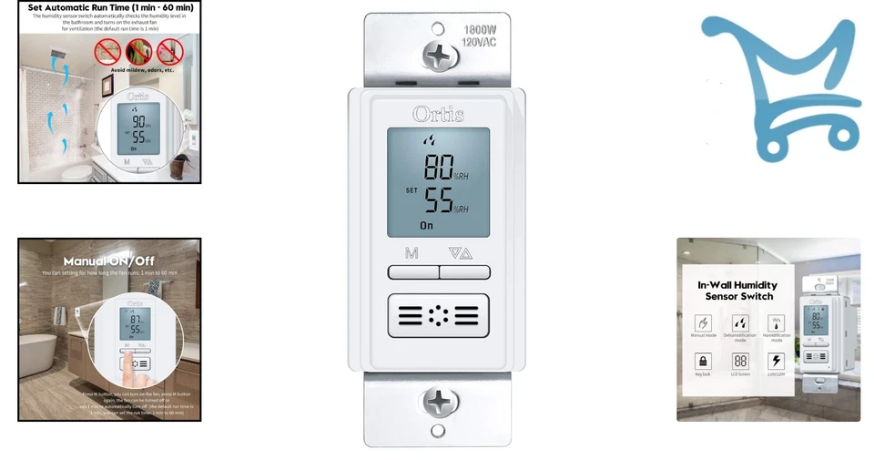 Humidity Sensor Switch In-Wall Bathroom Fan Control Auto Manual 120V/220V - Image 2 of 4