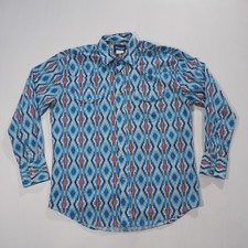 Wrangler Western Shirt Mens Large Blue Aztec Tribal Pearl Snap Long Sleeve Rodeo