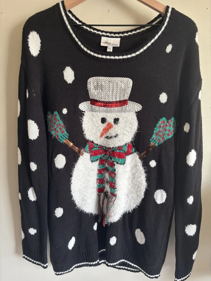 Allison Brittney Snowman Sweater Womens XL Fuzzy Sequin Oversized Christmas Ugly - Image 2 of 4