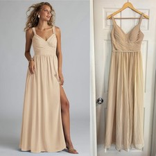 Azazie Aziza Champagne A-Line V-Neck Pleated Chiffon Dress Womens Size 6 Prom