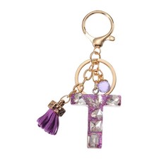 Initial Letter Keychain, Cute Alphabet Letter-T Charm with Tassel Ball, Purple