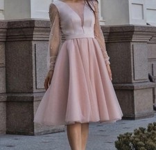 Bella Dress Pink V-Neck Long Sleeve Tulle Pearl Midi A-Line Dress Size M Lined