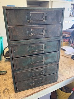 3 VINTAGE Union NO. 210 Metal 2 Drawer/Sectioned Tool/Parts Storage Cabinets