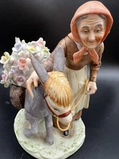 Lefton Bisque Figurine Old  Woman Walking With Donkey Flowers Vintage 7 Inches
