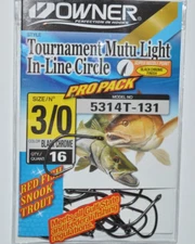 owner tournament mutu light in-line circle hooks size 3/0 black 5314t-131 snook