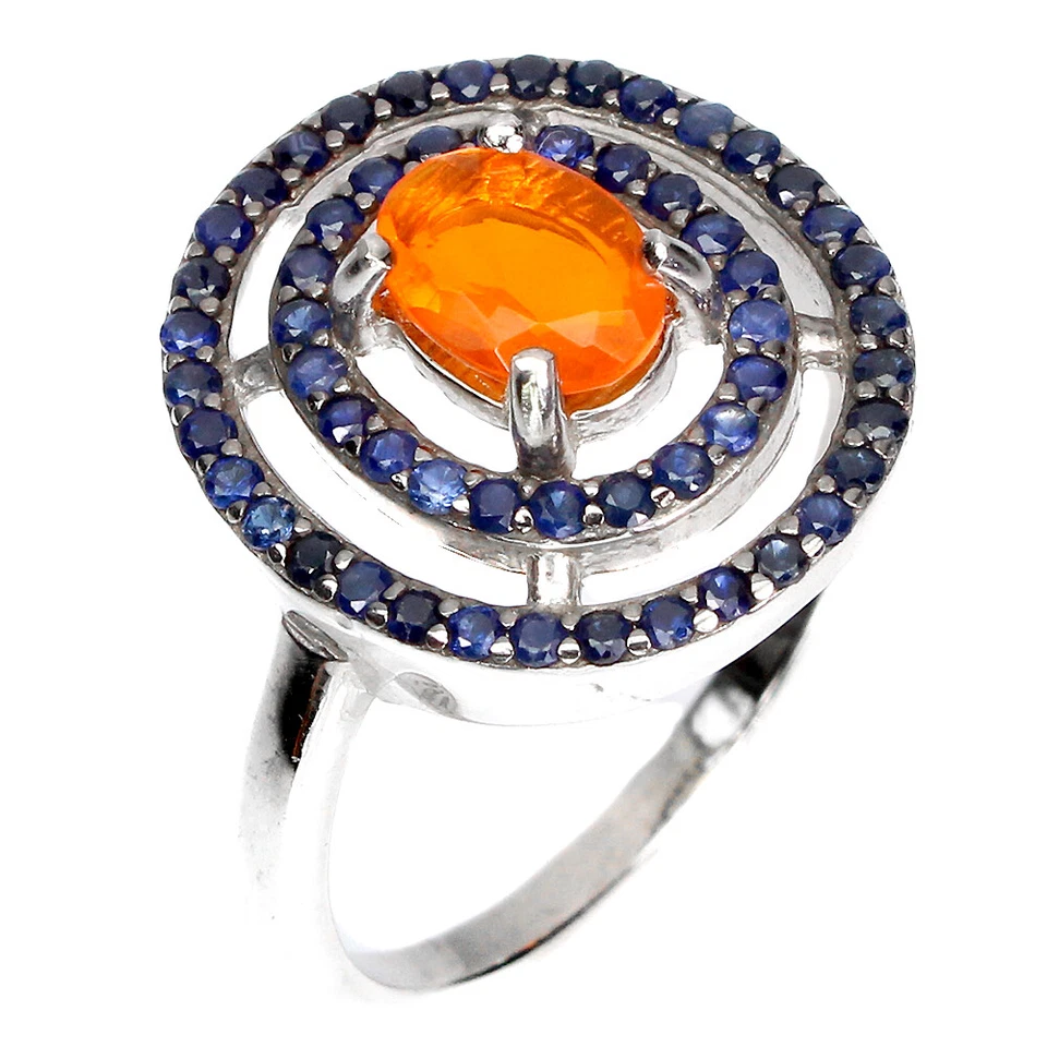 925 Anello Argento Sterling Ovale Arancione Opale di Fuoco Zaffiro Blu Gemma - Immagine 2 di 4