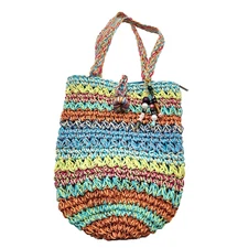 SUN N SAND Tote Bag Purse Beach handcrafted Straw Teal Brown Bright Colorful