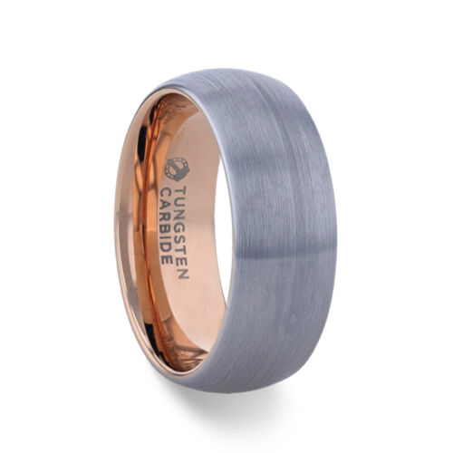 Domed Brushed Tungsten Carbide Men's Band with Rose Gold Plating Inside - 8mm - Picture 1 of 3