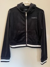 bebe Velour Full Zip Hooded Hoodie Black/White Logo Pockets Women's L