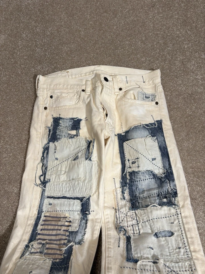 Ralph Lauren Denim & Supply Jeans Patchwork Distressed Cream Indigo Khaki 30x27 - Image 4 of 4