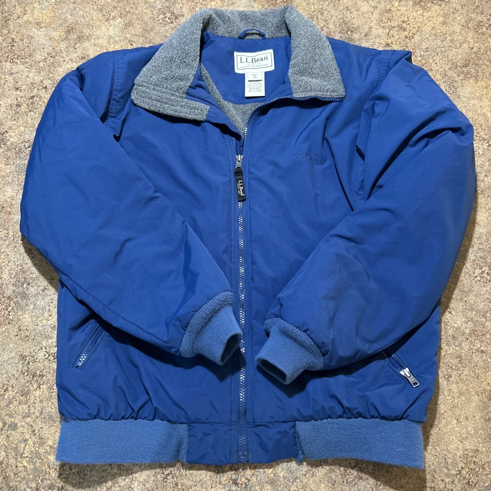 LL Bean Jacket Mens Medium Blue Fleece Lined Nylon Zip Up Bomber Coat Warm Up