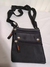 Multi Zipper 4 Pocket Small Wristlet Crossbody Bag Black Nylon/Tan Faux Leather