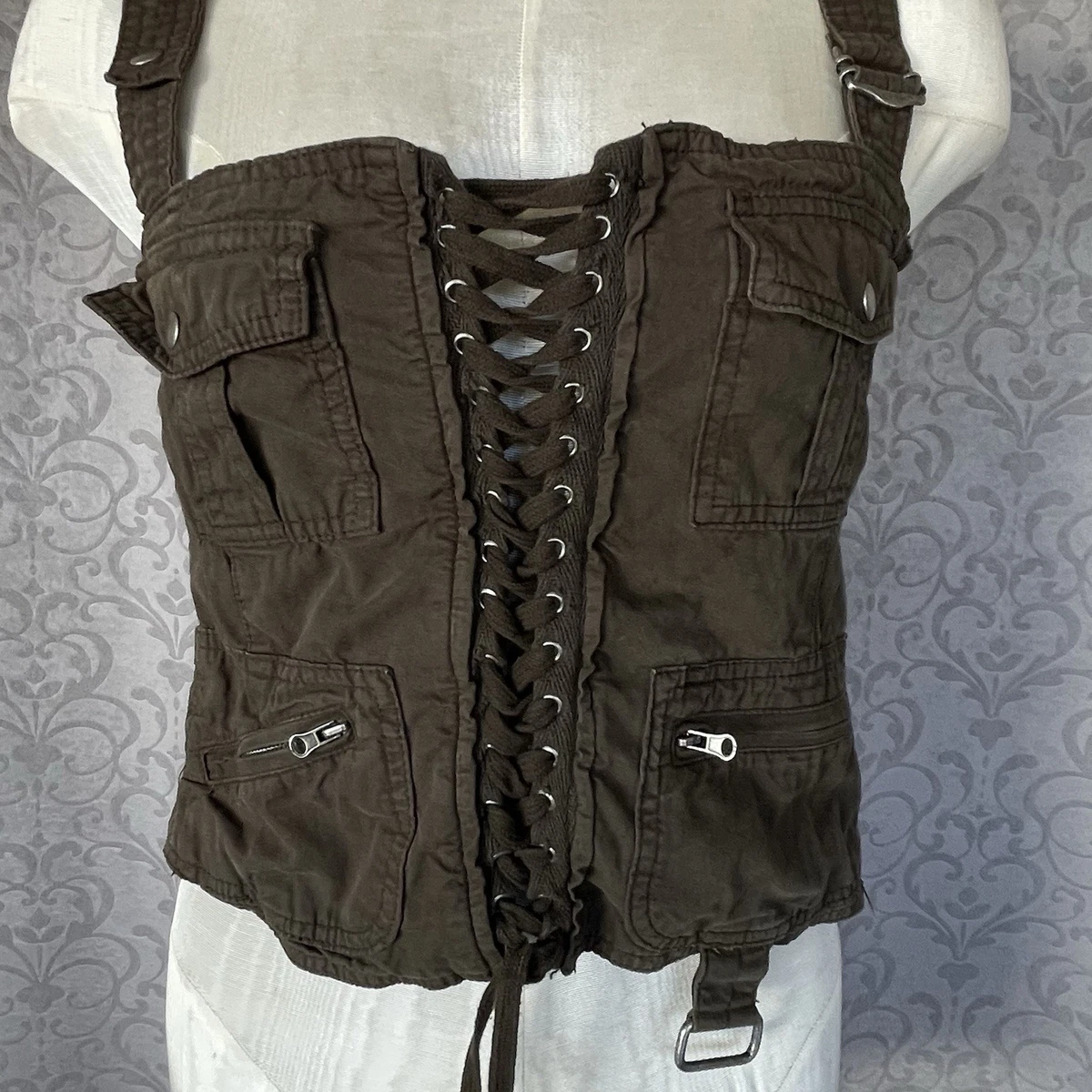 Jaded London Army Green Cargo Corset Top Utility Lace Up Olive