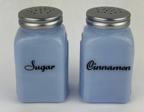Delphite Blue Milk Glass Sugar & Cinnamon Shakers Jars Vtg Art Deco Roman Arches