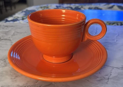 Fiestaware Radioactive Red Cup w/Ring Handle & Saucer, Art Deco, No Backstamp