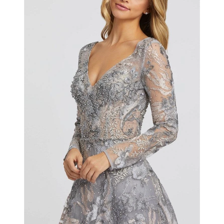 Платье Mac Duggal 20214 кружевное трапециевидное вышитое бисером винтажное сиренево-серое размер 2 - Изображение 2 из 4