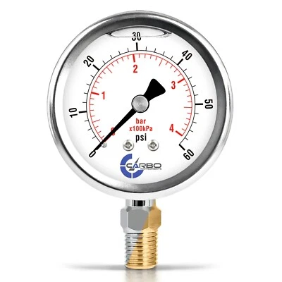 CARBO INSTRUMENTS 2-1/2" Pressure Gauge, Stainless Steel Case, Liquid Filled, Lower Mnt 60 PSI