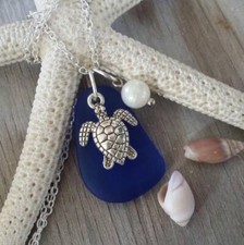 Design and handmade in Hawaii, Cobalt blue sea glass necklace, Sea turtle
