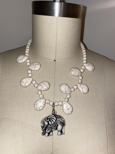 White Elephant Stone Art Statement Necklace NEW