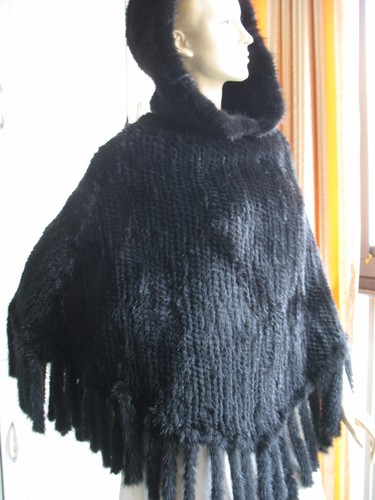 Real Mink Fur Cape Hoodie Poncho Pullover Cloak Coat Tassel Black - Picture 7 of 8