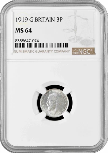 Great Britain 3 pence 1919, NGC MS64, "King George V (1910 - 1936)" silver coin