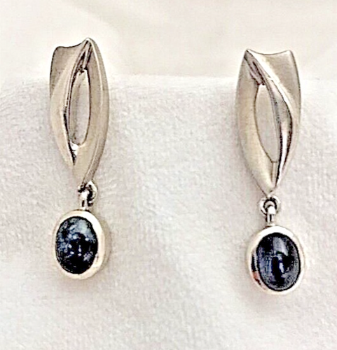 Sterling Silver .925 1/4" x 1 1/4" Oval Sapphire Cabochon Dangle Earrings