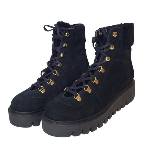 Stuart Weitzman combat boots Chalet lug Black Suede faux fur lace up Sz.8 new - Picture 4 of 12