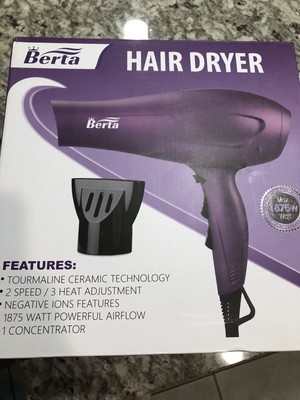 BERTA 1875 Watts Dryer Soft Touch Finish Tourmaline Ceramic Hair Dryer 2 speed