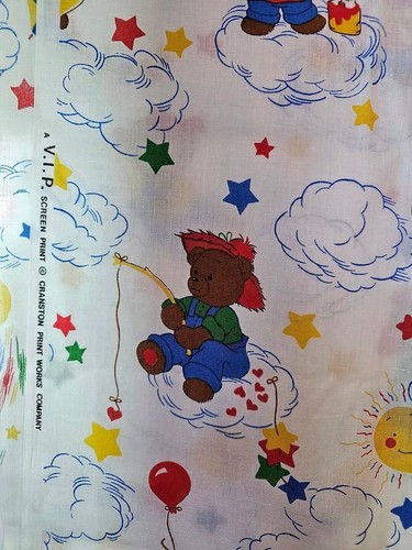 Vintage Cranston Nursery Juvenile Teddy Bear Rainbow Stars Cotton Fabric 2 Yds - Picture 2 of 2