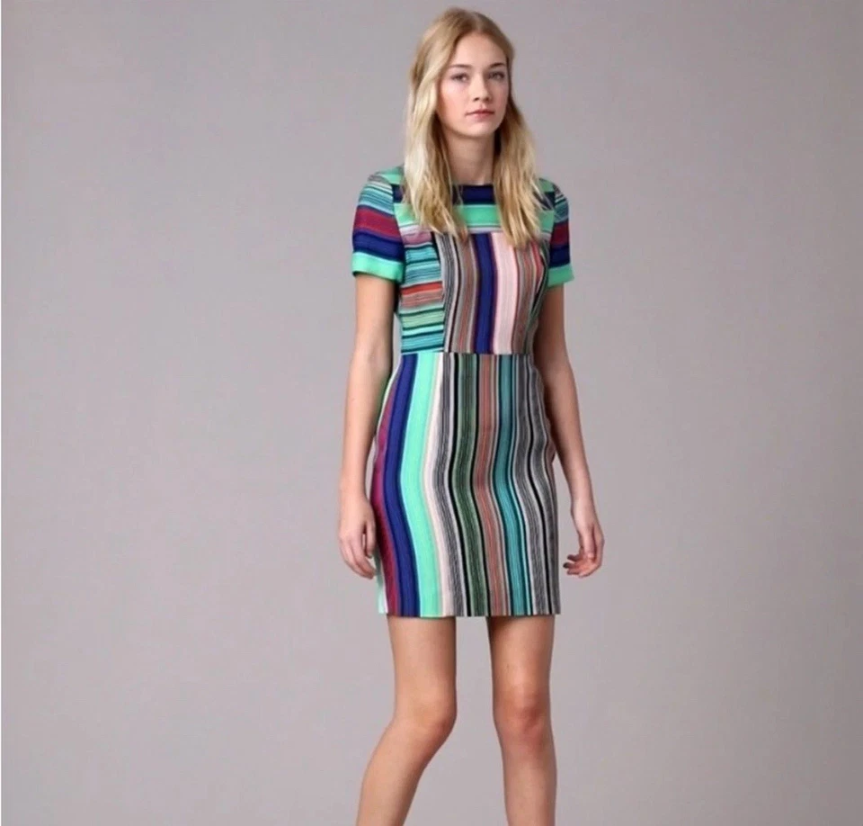 Diane Von Furstenberg 定制 Burman 紧身丝绸条纹迷你连衣裙 12 码 — 第 2/4 张图片