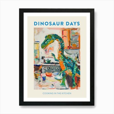 Dinosaurier kochen in der Küche blau gerahmtes Wandbild Poster Leinwanddruck Bild