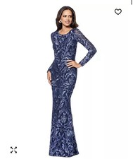 Blue Floral Lace Long Sleeve Embroidered Formal Gown Dress