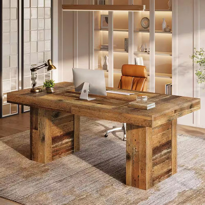 Moronia 63 In. Farmhouse Brown Wooden Executive Desk Computer Office Desk Study