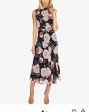 Taylor Frosted Rose pink black white midi Dress open keyhole tie back 10 NWT