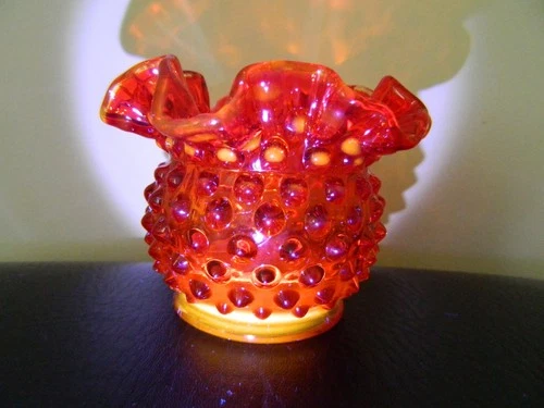 FENTON Small Vase Amberina Glass Hobnail Ruffled Edge UV Glow Tea Light Holder