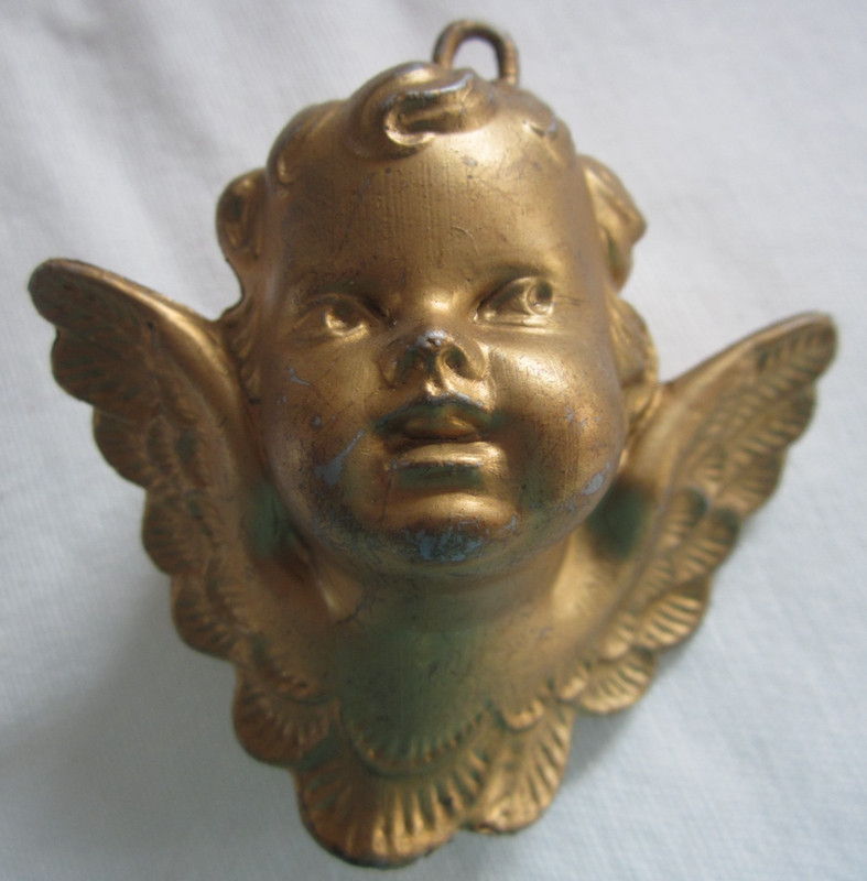 VINTAGE 3" CHERUB ANGEL HEAD GOLD Christmas Plastic Ornament Hong Kong