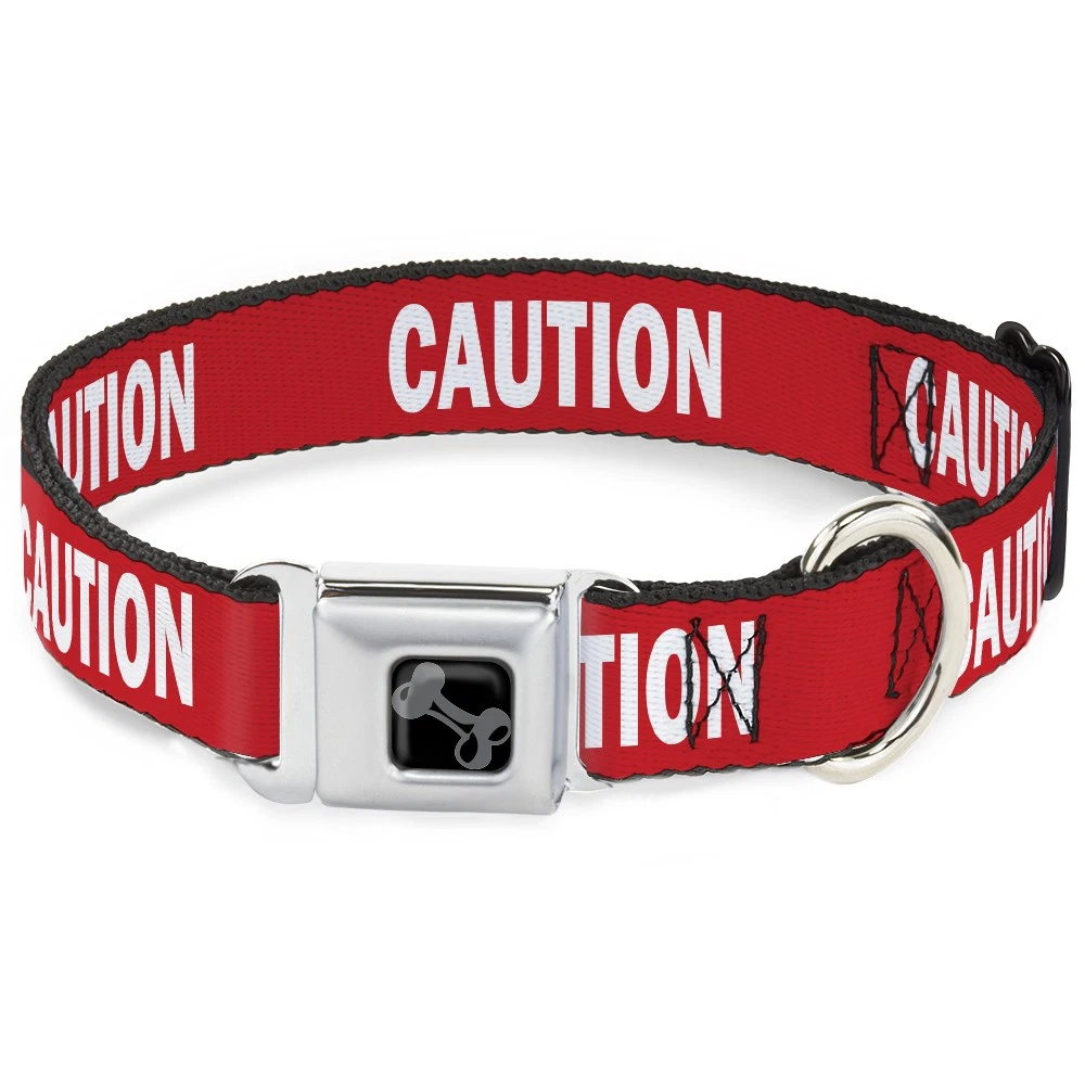 Dog Collar Bone Pet Quote CAUTION Red/White WIDE-Medium 16-23"