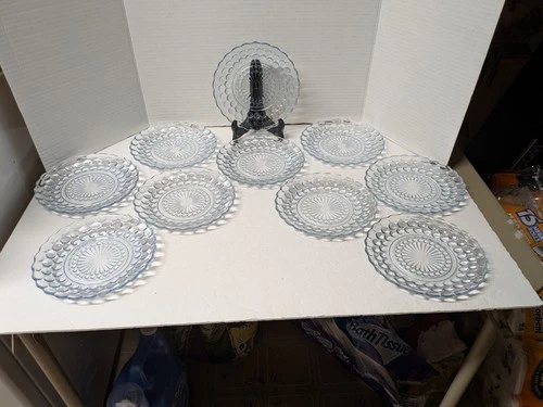 10 Vtg Anchor Hocking 6 3/4 Inch Blue Bubble Plates Dessert Bread Salad