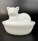 Vintage Westmoreland Milk Glass Cat on Basket Candy Dish