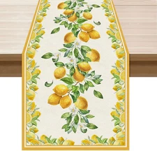 Yellow Lemon Flowers Leaves Summer Table Runner Decoration for Home Kitchen