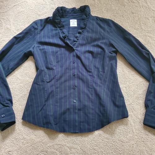Brooks Brothers Fitted Non Iron Cotton Ruffle Collar Shirt Sz 2 Navy Blue Green